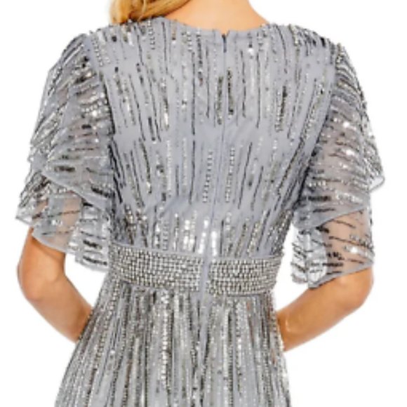 MAC DUGGAL 93582 EMBELLISHED FULL LENGTH LAYERED SLEEVE SLATE BLUE GOWN sz 10 - Picture 4 of 6